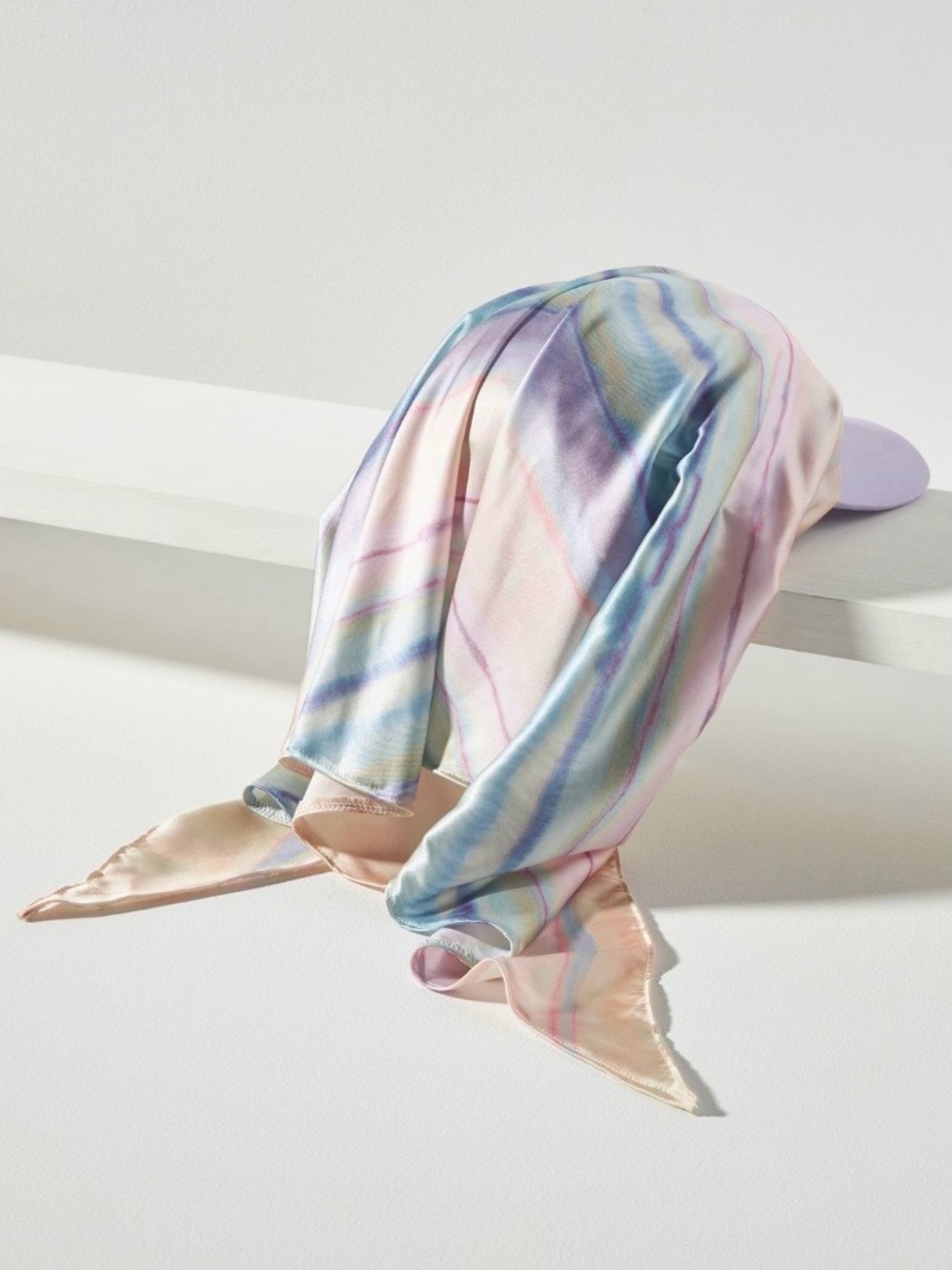 Anthropologie Lavender Cap with Pastel Marble Satin Scarf - Picture 3 of 4